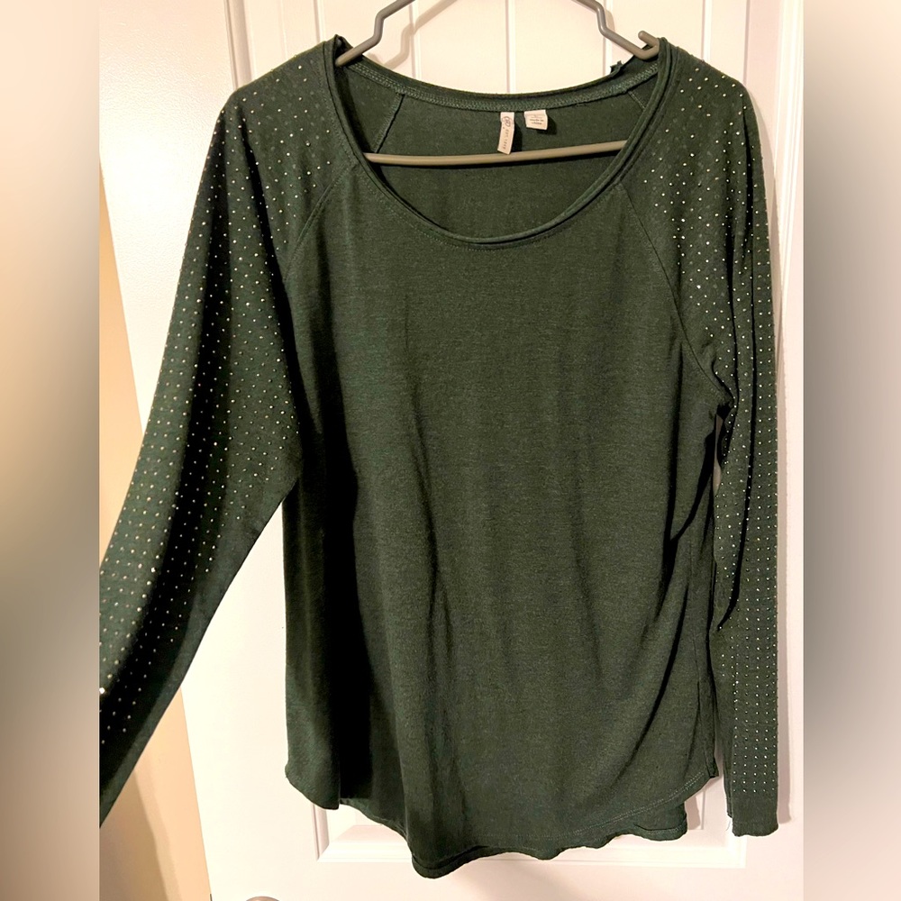 Olive Green studded light weight comfortable shirt, can be worn off the shoulder
